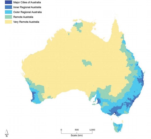 Australia as 5 regions defined by remoteness from services